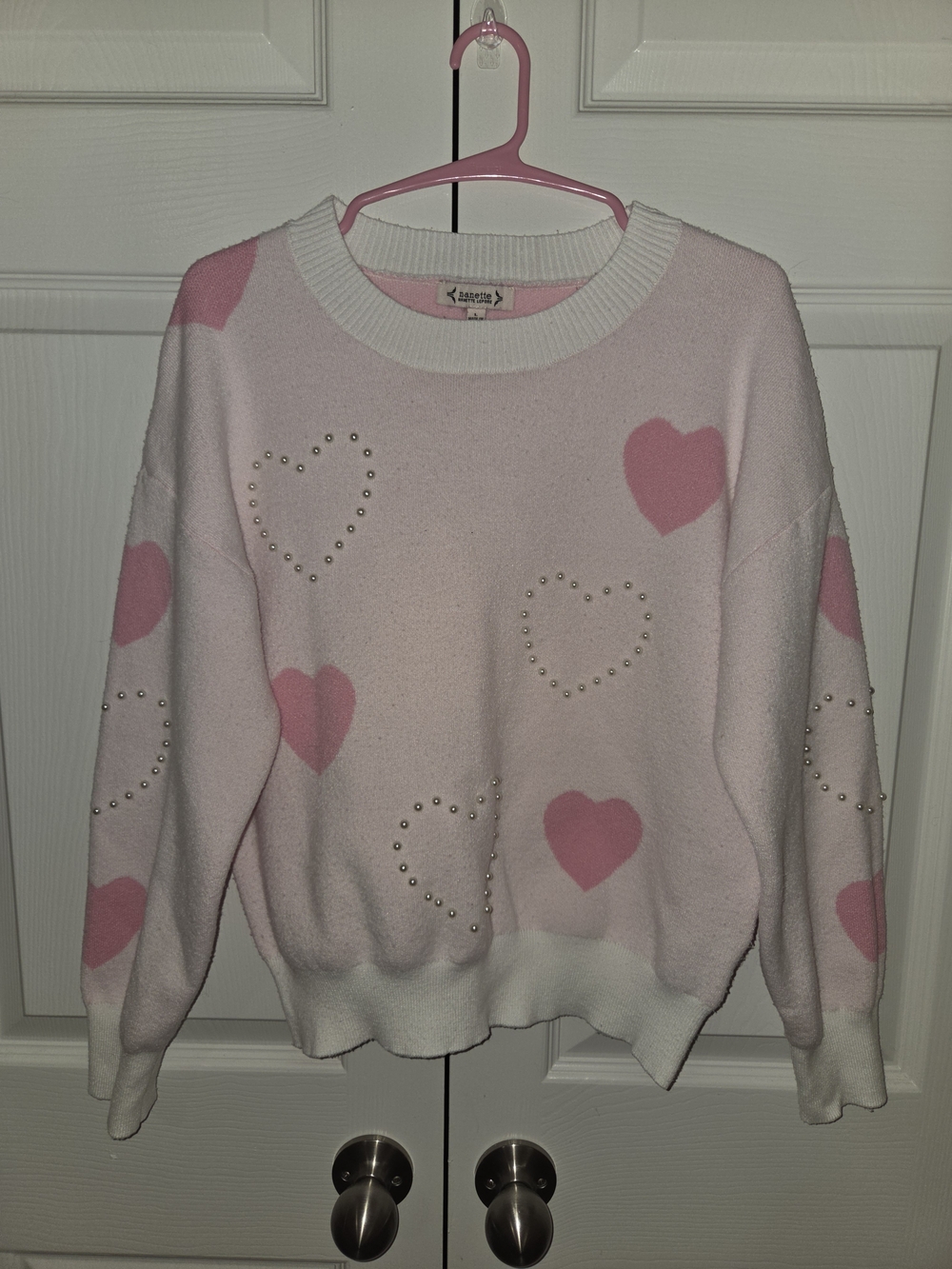 Xhilaration Pink Heart Pearl-Accent Crewneck Sweater